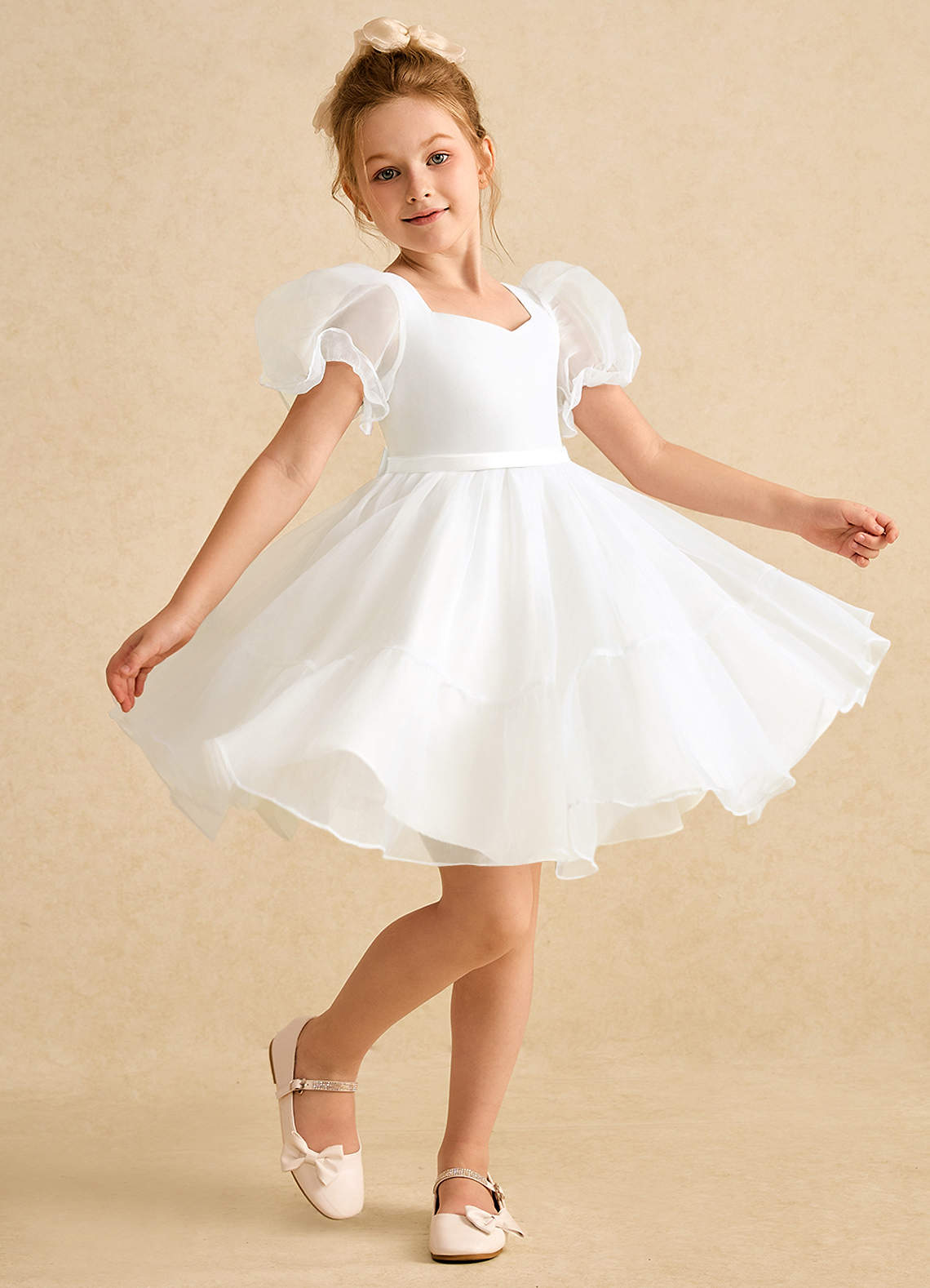 Azazie Debbie Robe Demoiselle D'honneur Fillette Robe Princesse en Organza Encolure en Forme de Cœur Ivoire image2