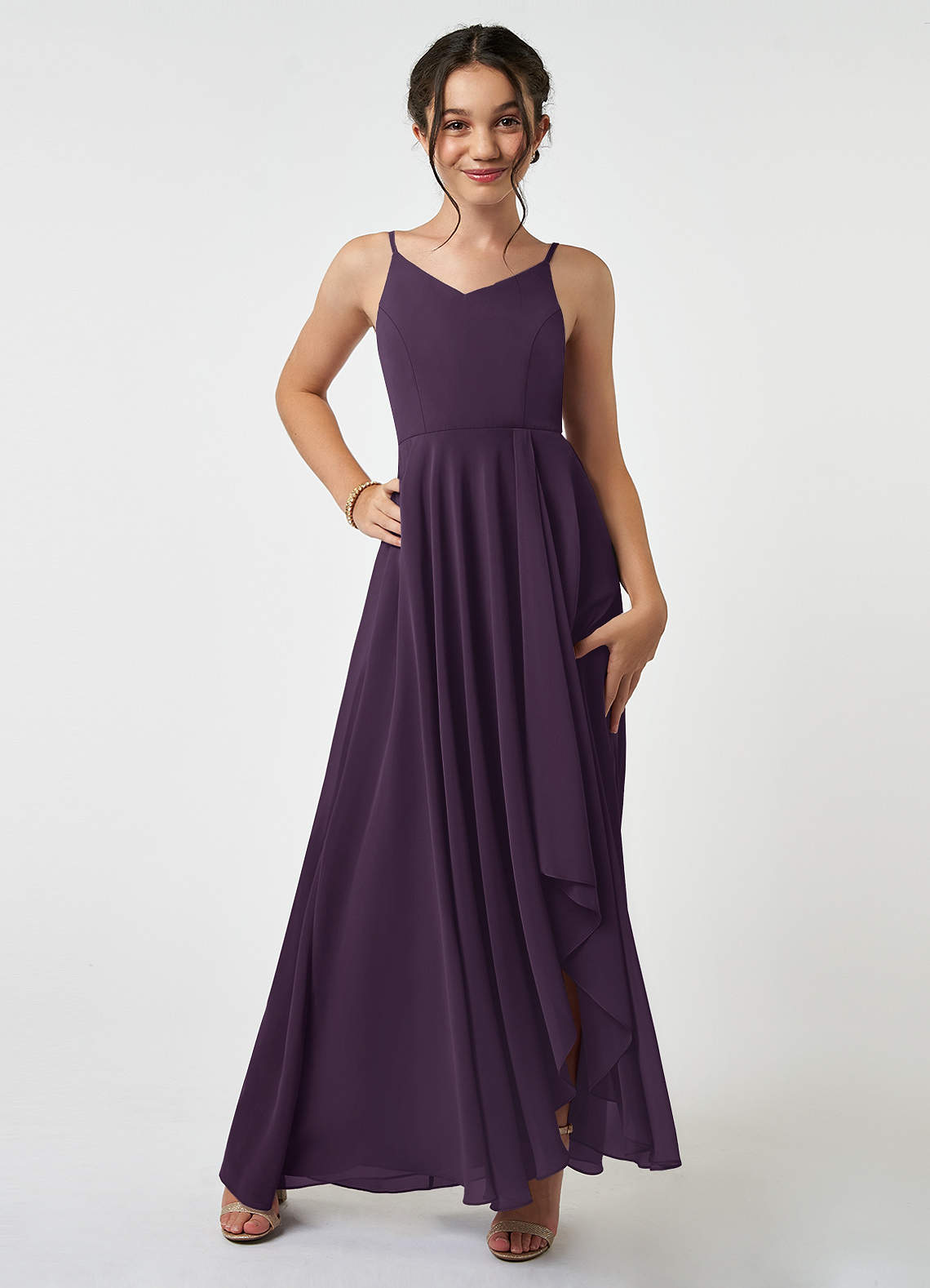 Azazie Collette Junior A-Linie Gestreift Chiffon Kleid Pflaume image1