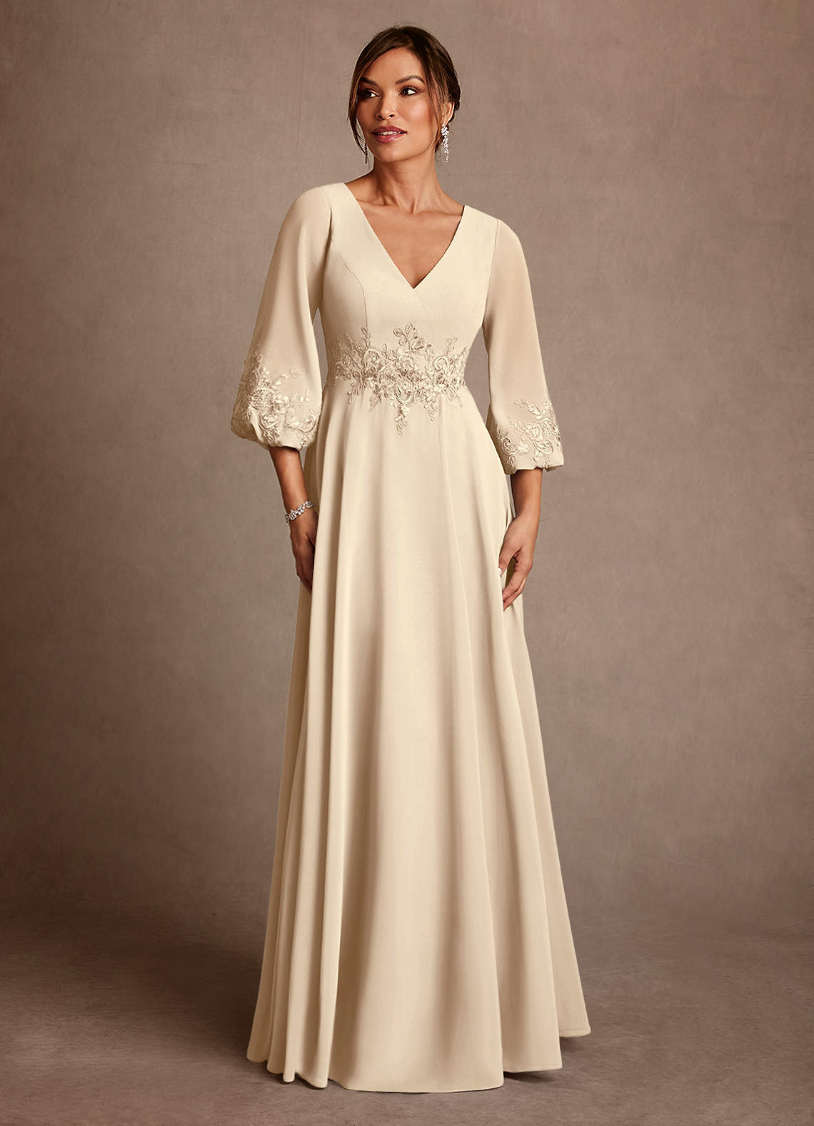 Azazie Yorba Mother of the Bride Dresses Champagne A-Line Lace Chiffon Dress image1