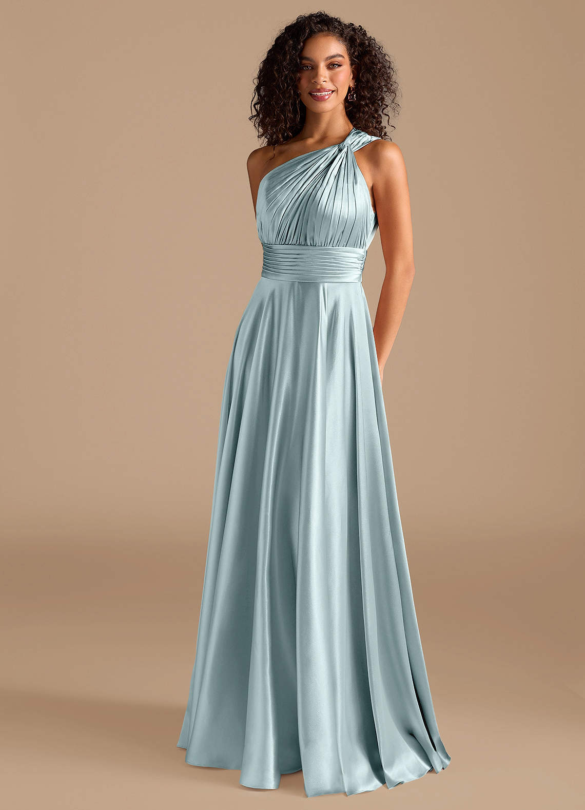Azazie Charlize Bridesmaid Dresses Mist A-Line One Shoulder Metallic Satin Dress image1