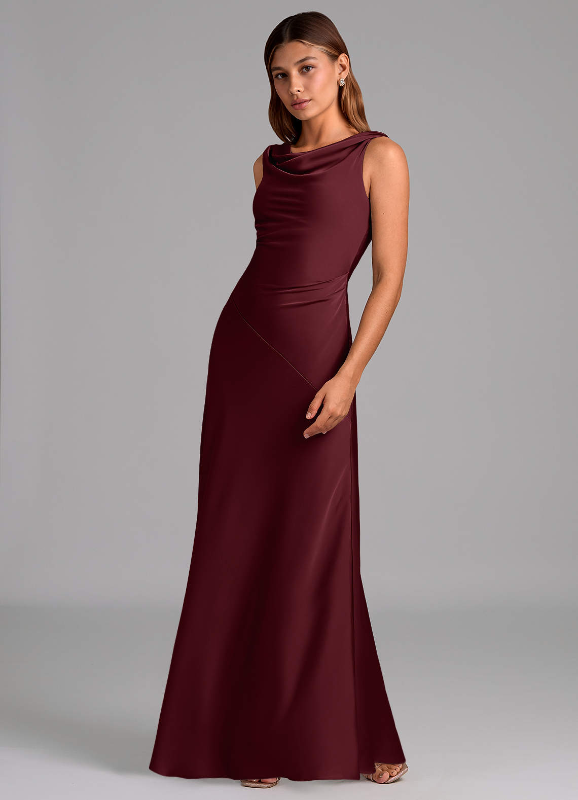 Azazie Nerine Bridesmaid Dresses Cabernet A-Line Pleated Stretch Satin Dress image3