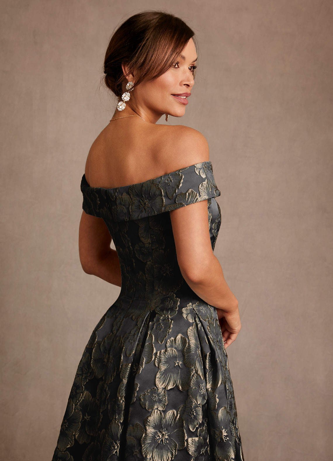 Azazie Centralia Black Gold Jacquard A-Line Off the Shoulder Floral Jacquard  Dress | Azazie