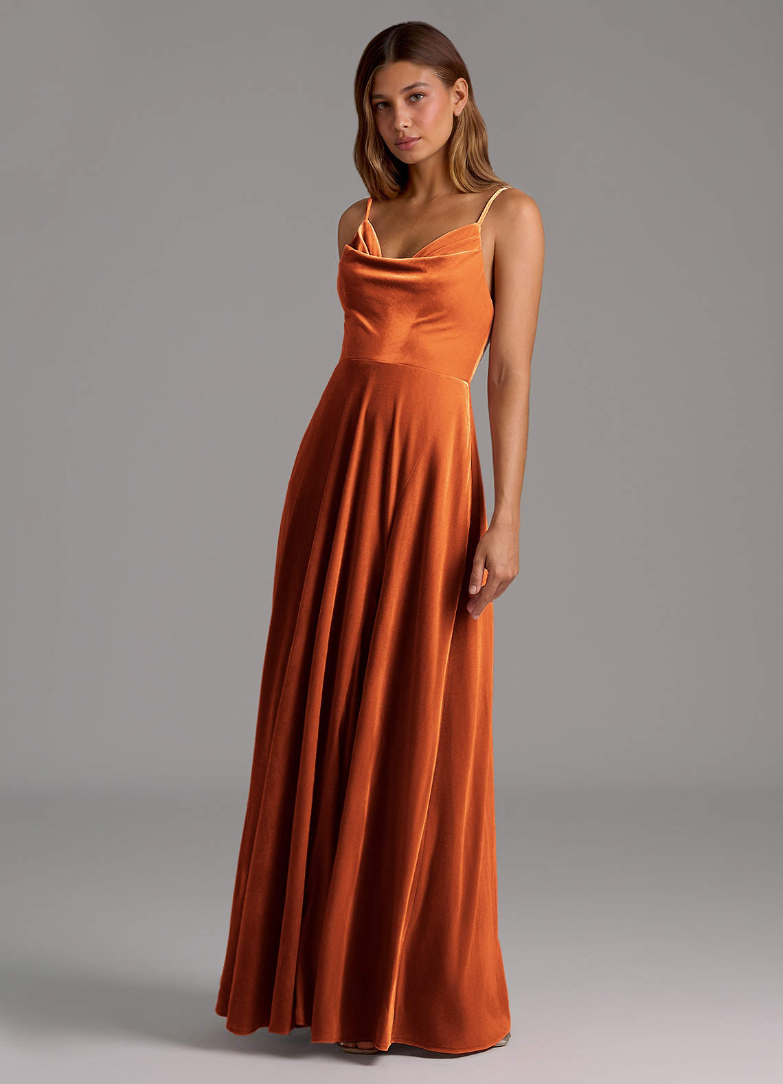 Azazie Sarella Bridesmaid Dresses Burnt Orange A-Line Pleated Velvet Dress image1
