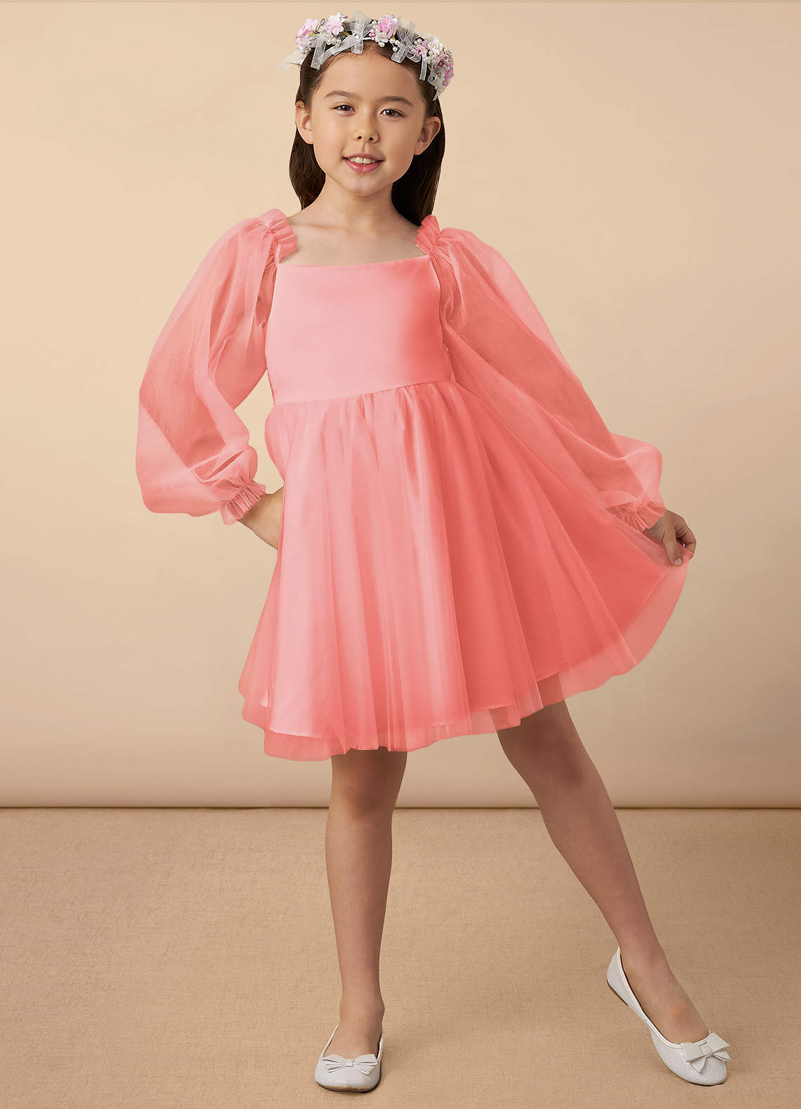 Azazie Aya Flower Girl Dresses Coral A-Line with Sleeves Tulle Dress image1