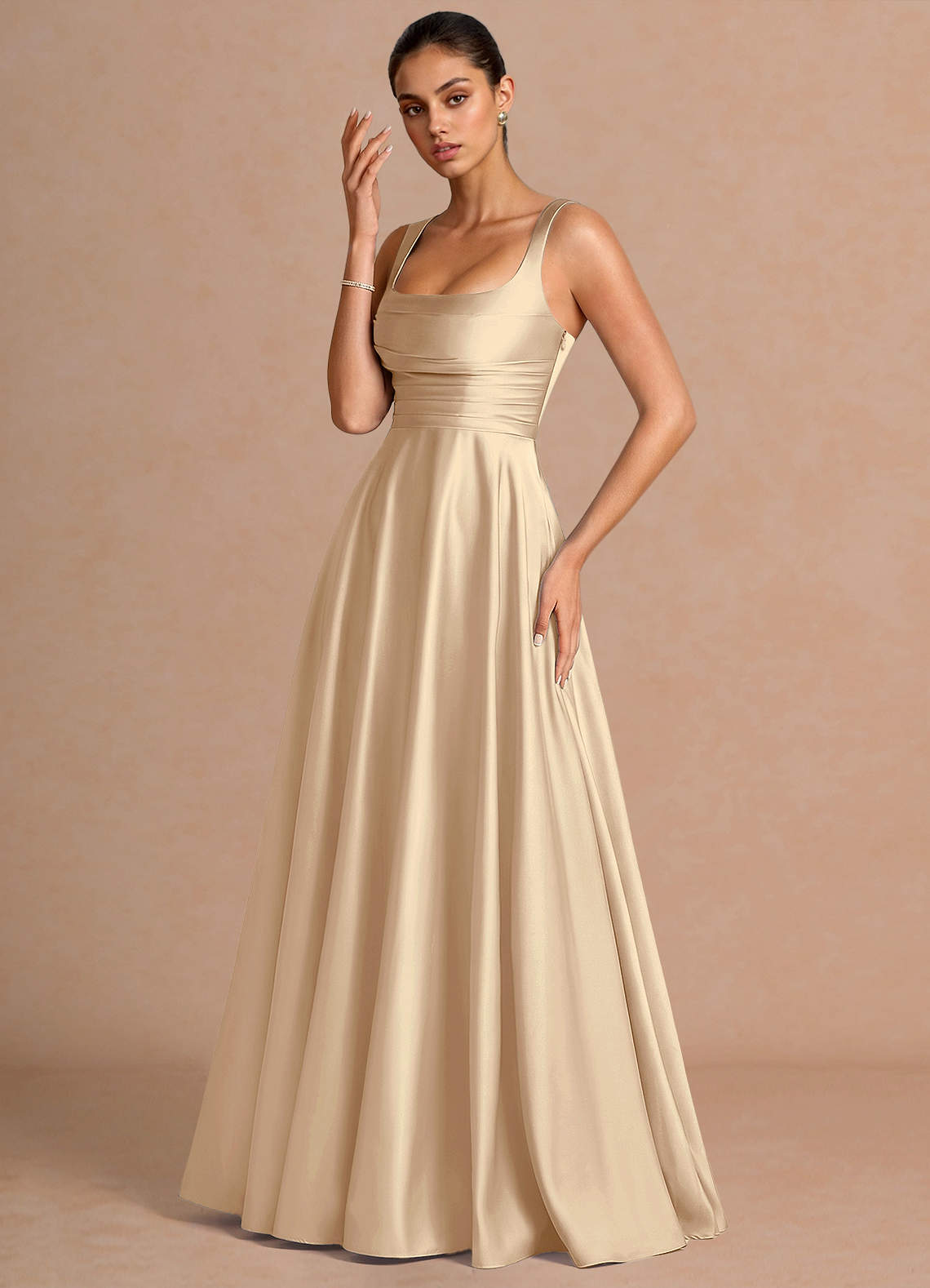 champagne color maxi dress Satin Drape on design Azazie Maxi Floor-Length Dresses A-Line