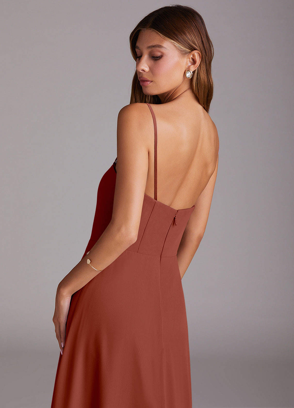 Azazie Wren Bridesmaid Dresses Auburn A-Line Side Slit Chiffon Convertible Dress image7