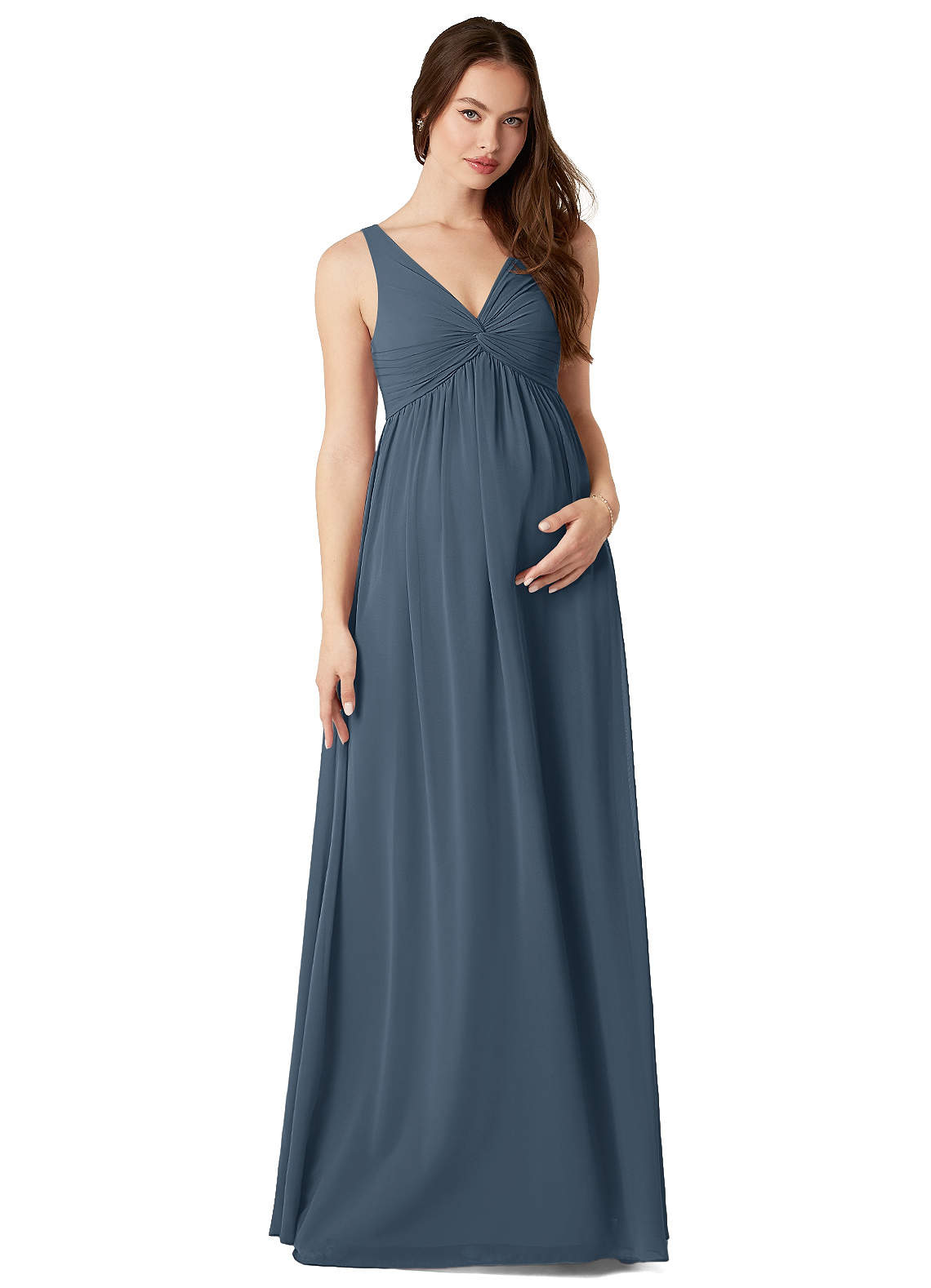 Azazie Yetta Maternity Bridesmaid Dresses A-Line V-Neck Gathered Chiffon Floor-Length Dress image1