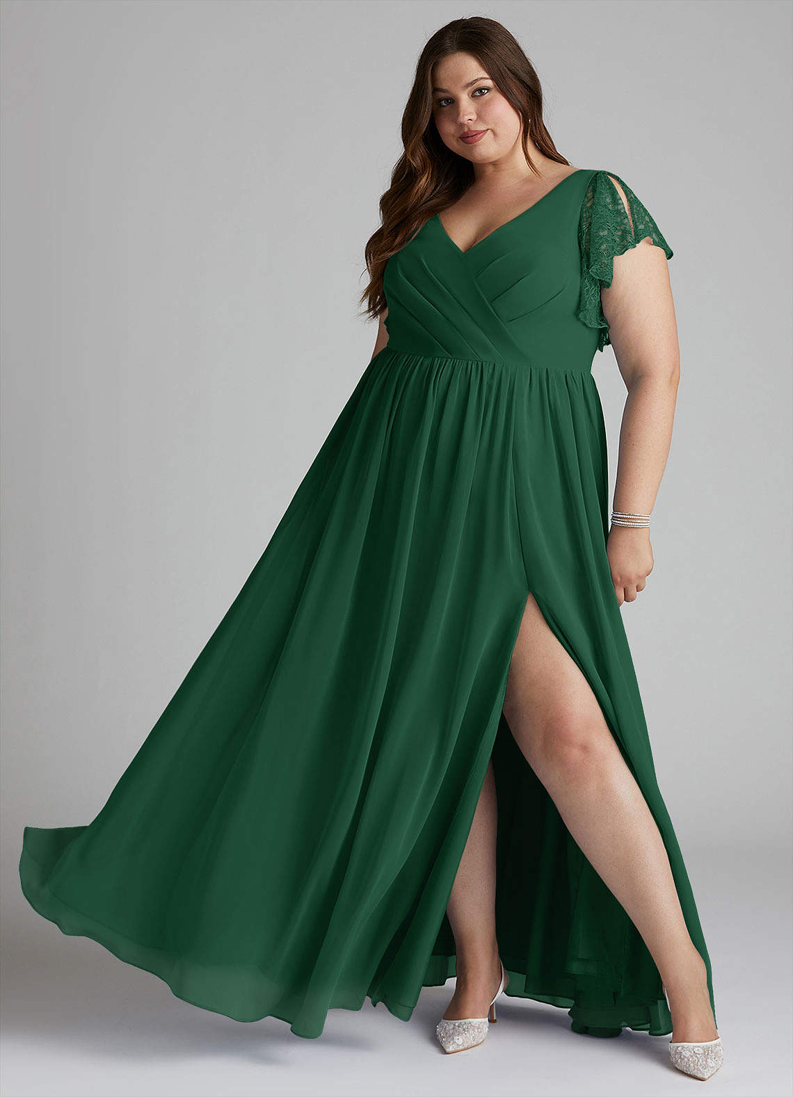 Azazie Zella Robes de demoiselle d'honneur Robe Trapèze en Mousseline de soie Dentelle Vert Foncé image1