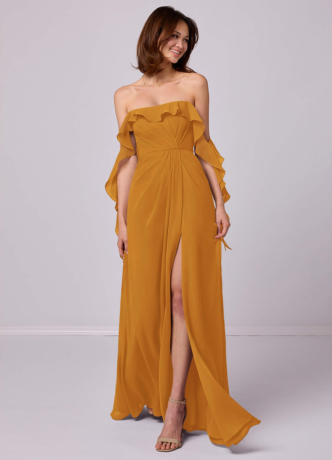 Barbie ♥ Azazie Bridesmaid Dresses Butterscotch A-Line Off the Shoulder Chiffon Convertible Dress image1