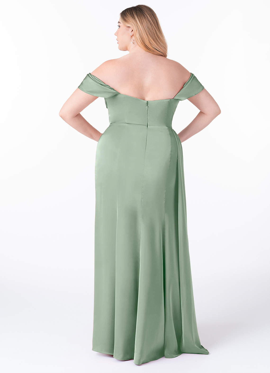 Azazie Amyra At-home Try On Dresses Agave Sheath Off the Shoulder Stretch Satin Convertible Dress image10