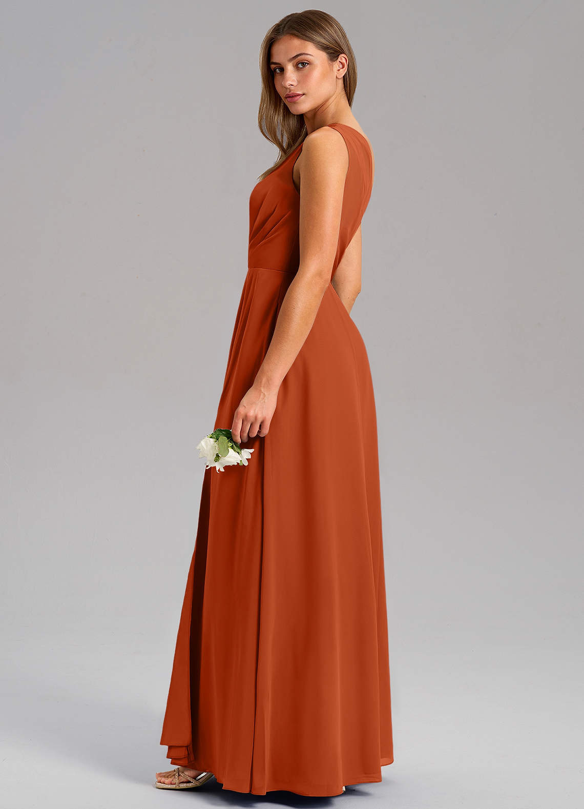 Azazie Phaedra Vestidos de madrinha de casamento Vestido Laranja Queimada de Chiffon de Linha A com Um ombro image5