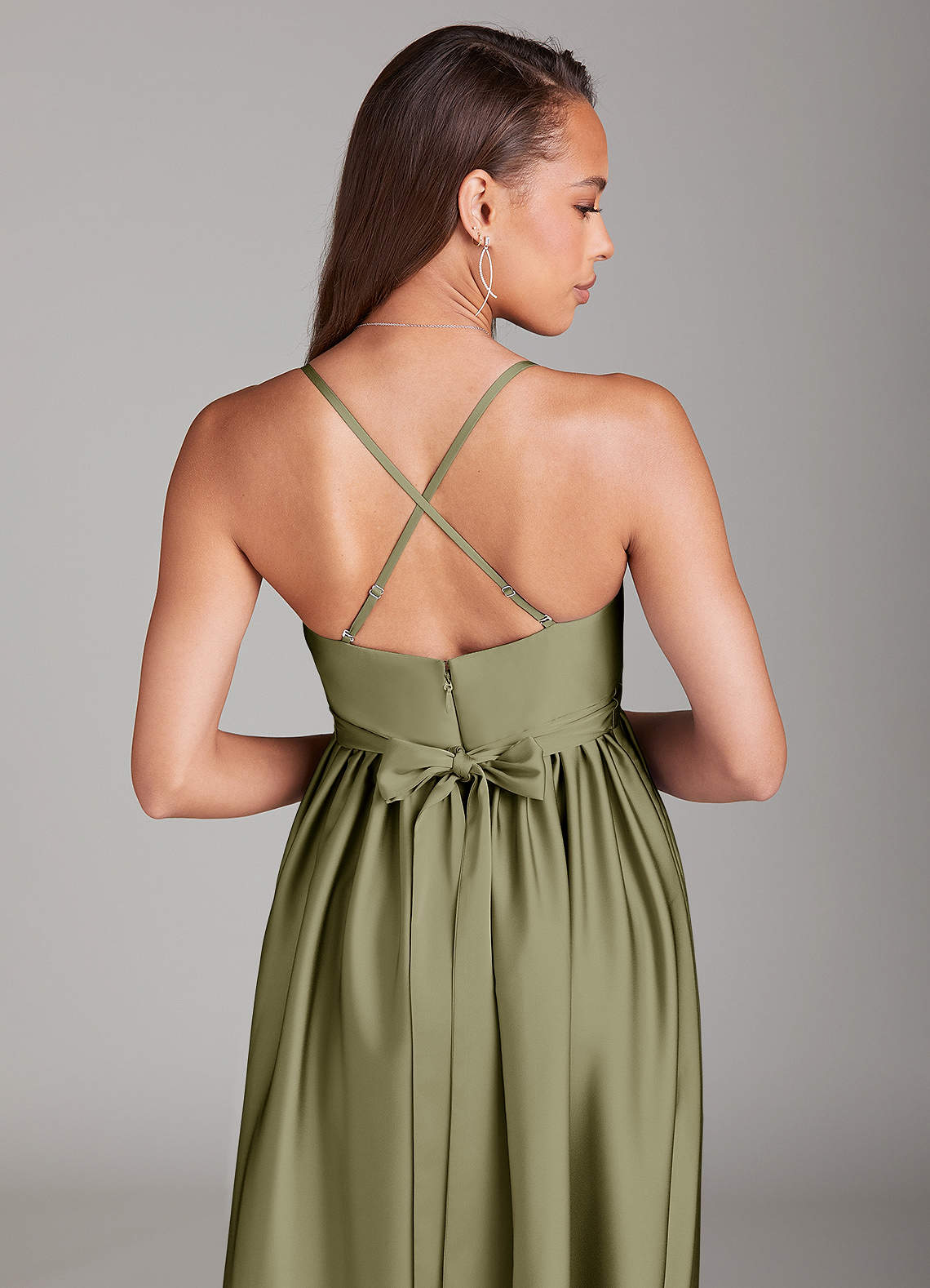 Azazie Llana At-home Try On Dresses A-Line Stretch Satin Floor-Length Dress with Pockets image3