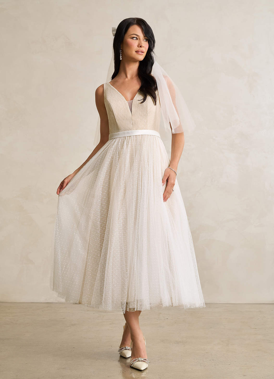 Azazie Windsor Diamond White Nude A-Line Bow Tulle Dress | Azazie