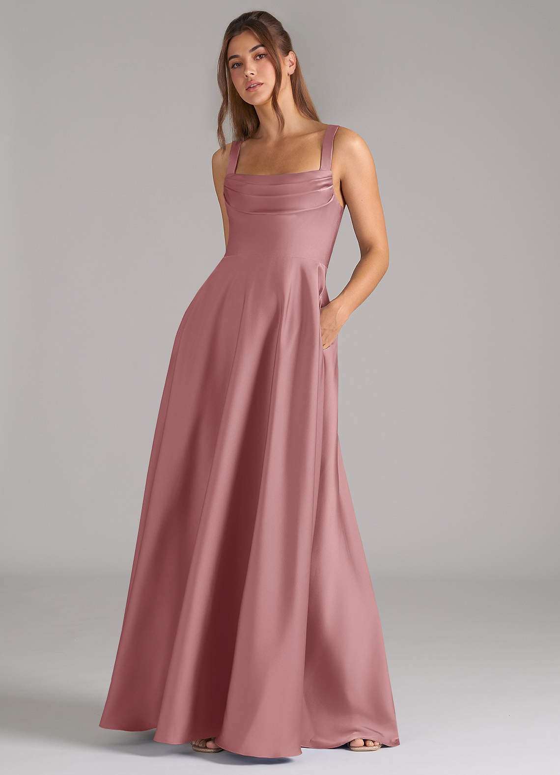 Azazie Shaude Bridesmaid Dresses Dusty Rose A-Line Pleated Stretch Satin Dress image3
