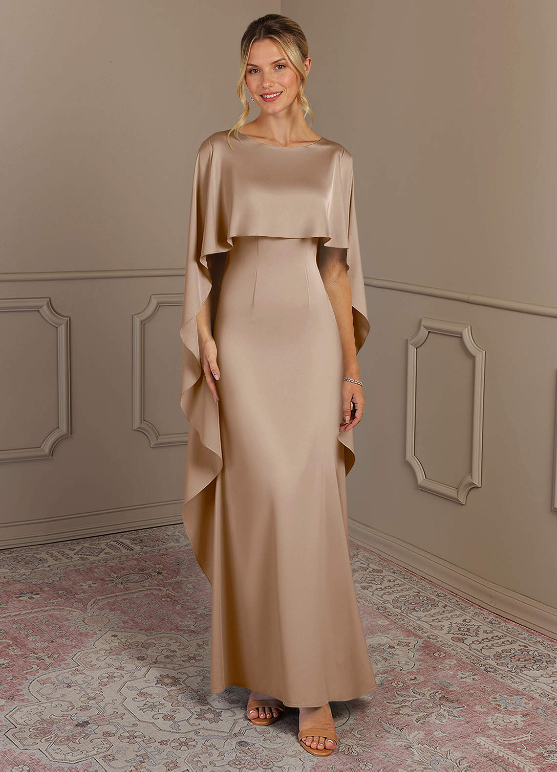 Azazie Eli Mother of the Bride Dresses Taupe Sheath Boatneck Stretch Satin Dress image1