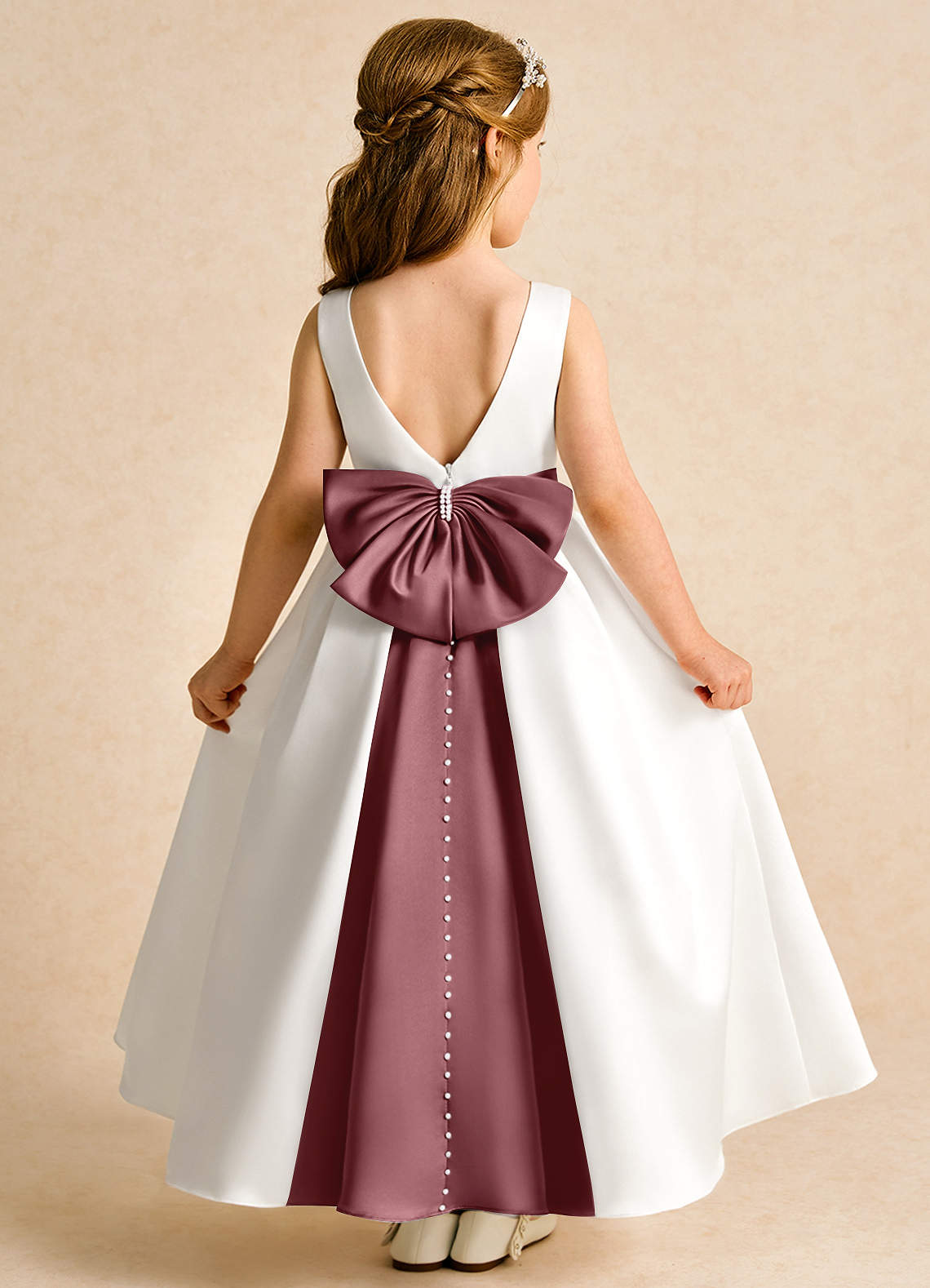 Azazie Cherry Flower Girl Dresses Ivory Desert Rose Ball-Gown Pleated Matte Satin Dress image1