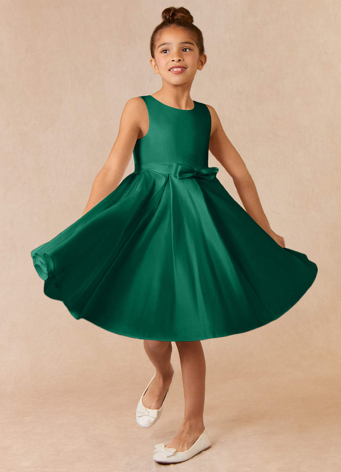 Azazie A-Line/Princess Scoop Neck Knee-Length Matte Satin Flower Girl Dresses - Emerald