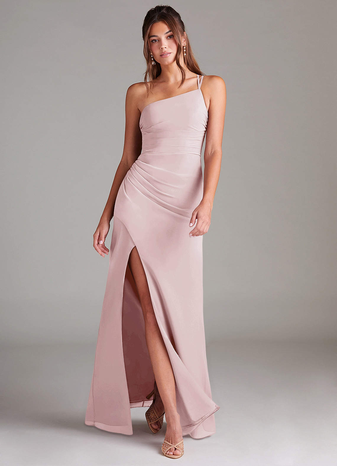 Azazie Eren Brautjungfernkleider Etui One-Shoulder Chiffon Kleid Zartrosa image1