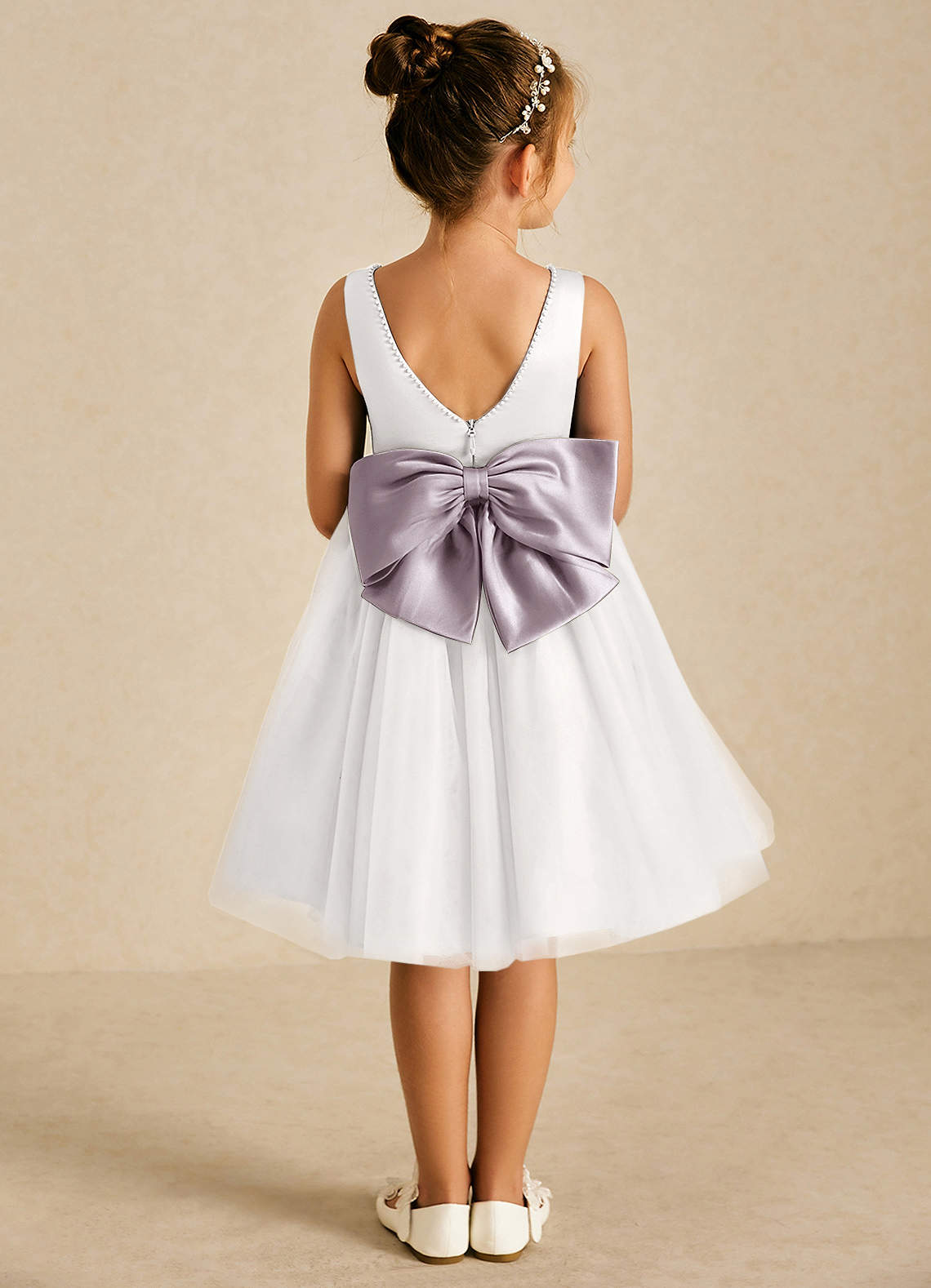 Azazie Seline Flower Girl Dresses Ivory Dusk A-Line Bow Tulle Dress image1