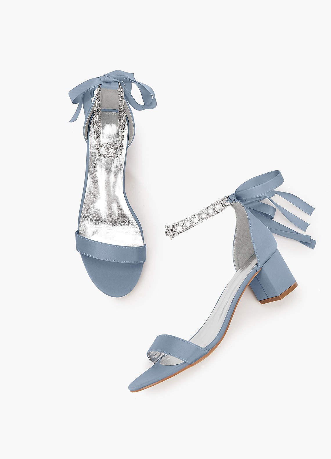 front Matching Color Matte Satin Rhinestone Strap Block Heel Sandals