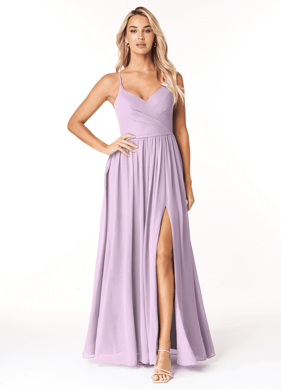 Azazie Dominic Jurken voor bruidsmeisjes Jurk van Chiffon met A-Lijn V-hals geplooid Frosted Lila image1