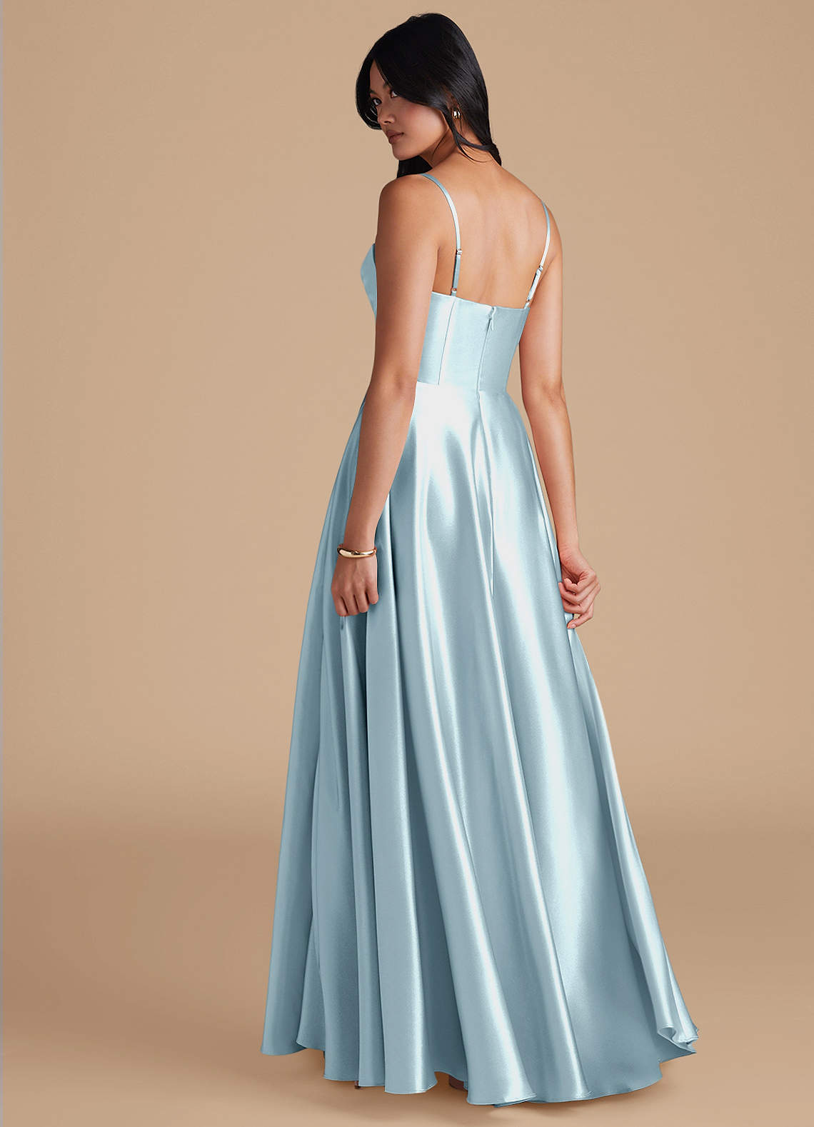 Azazie Elle Suknie dla druhen Linia A z kieszeniami Metaliczny satynowy Do ziemi Sukienka image1