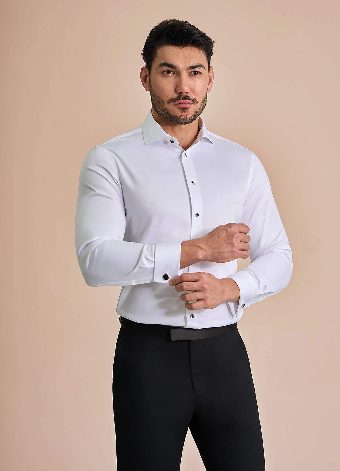 front Henry White Stud-Front Cotton Tuxedo Shirt