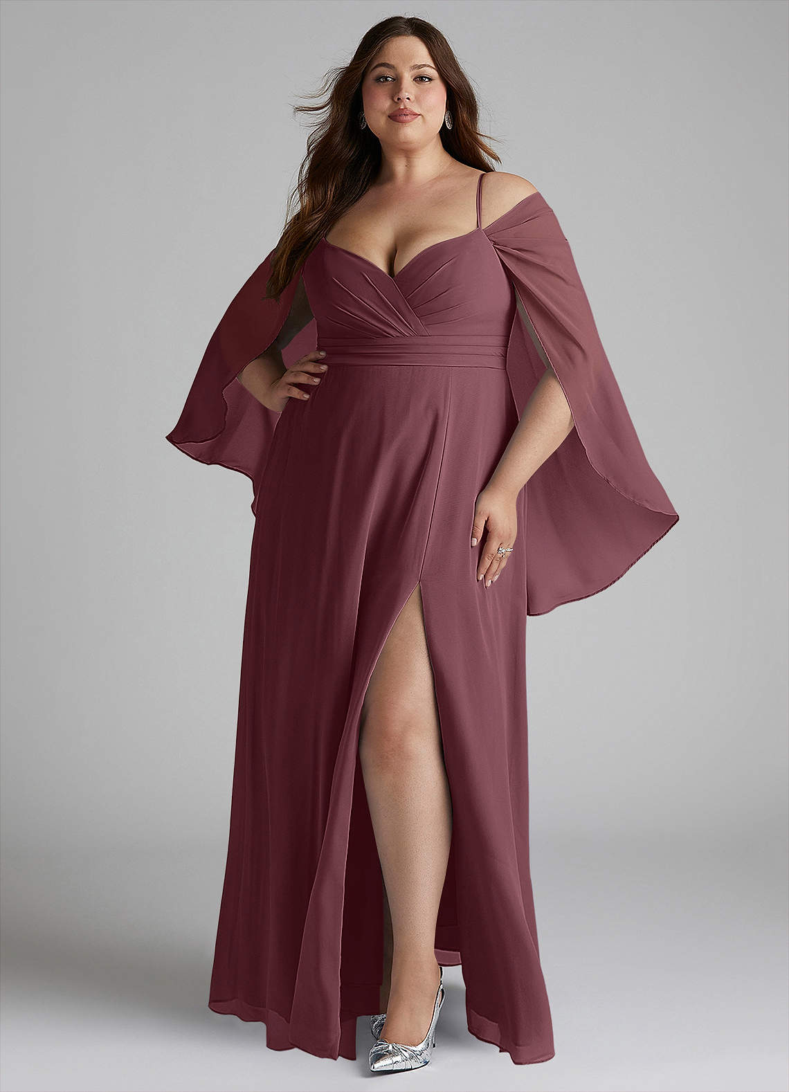 Azazie Cienna Bridesmaid Dresses Sangria A-Line Long Sleeve Chiffon Dress image1