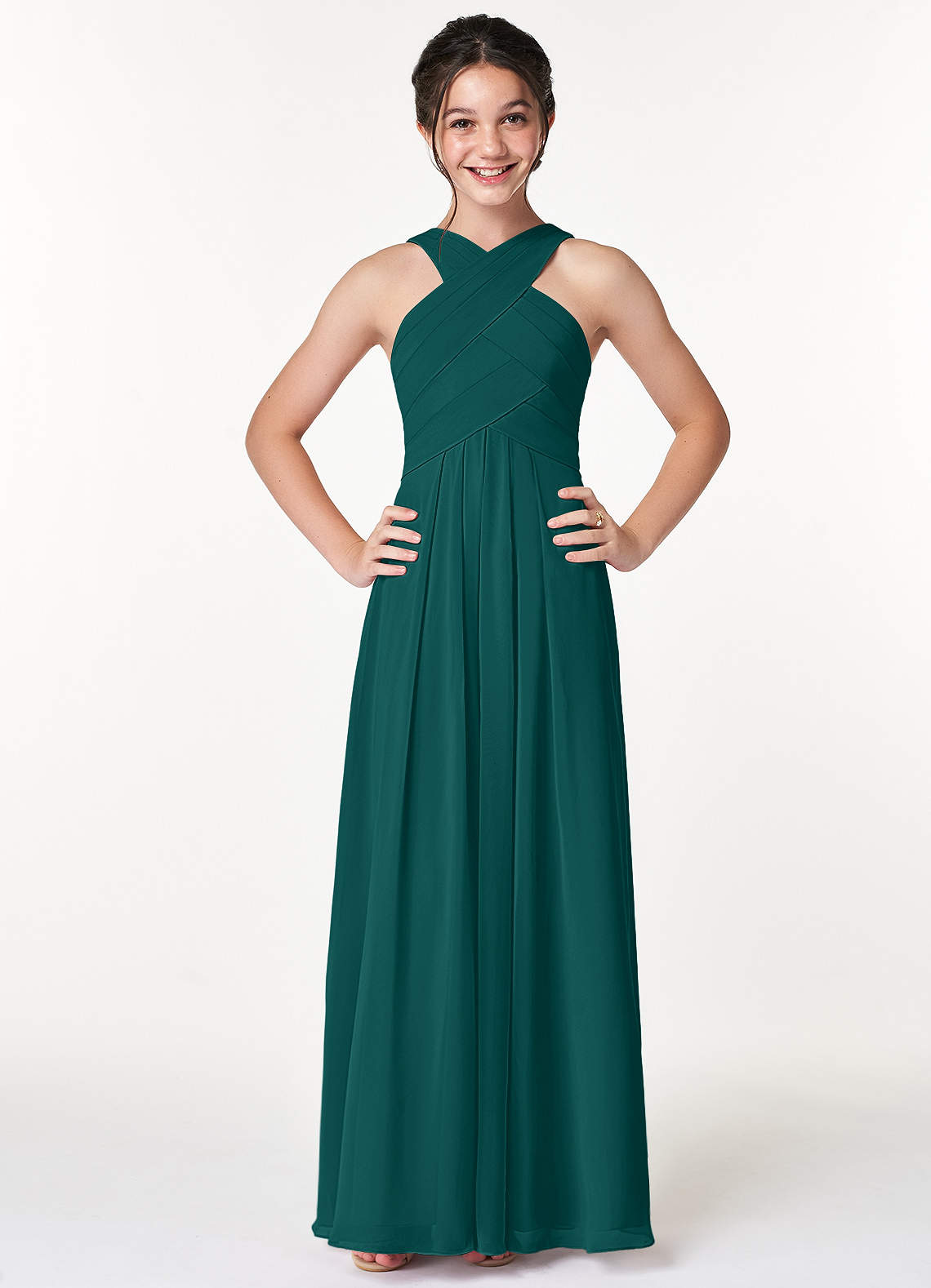 Azazie Kaleigh Junior A-Linie Plissee Chiffon Kleid Pfau image1