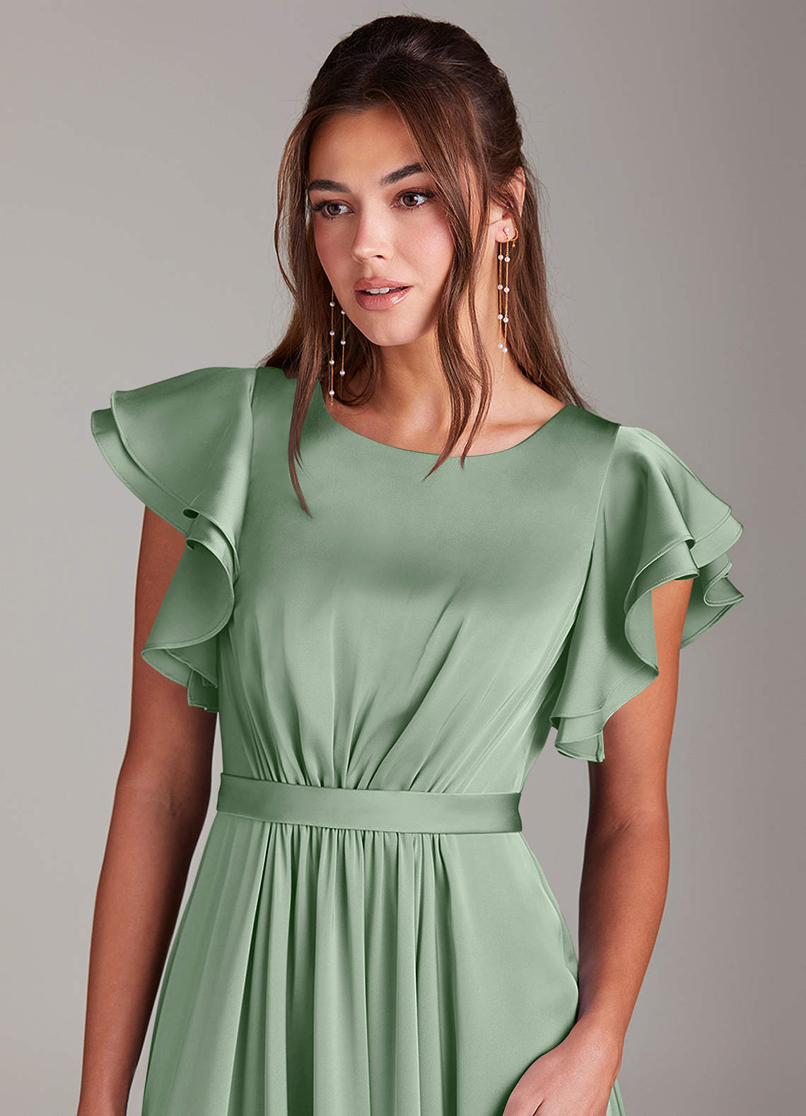 Azazie Daphne Robes de demoiselle d'honneur modestes Robe Trapèze Rayé Longueur ras du sol Satin extensible image4