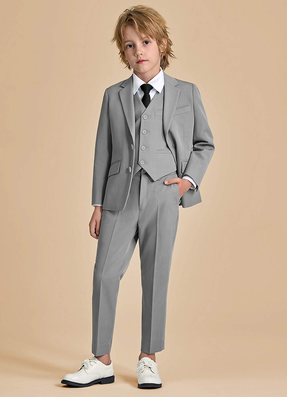 front Oliver Boys Grey 5-Piece Suit With Pre-tie