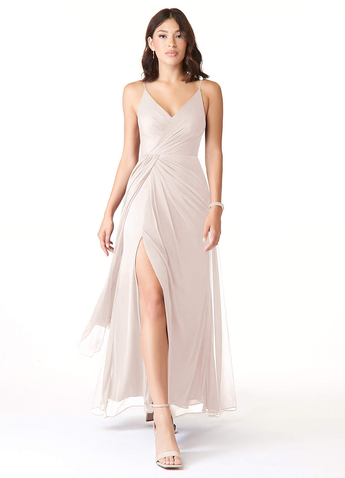 Azazie Evalin Bridesmaid Dresses A-Line V-Neck Pleated Mesh Floor-Length Dress image1