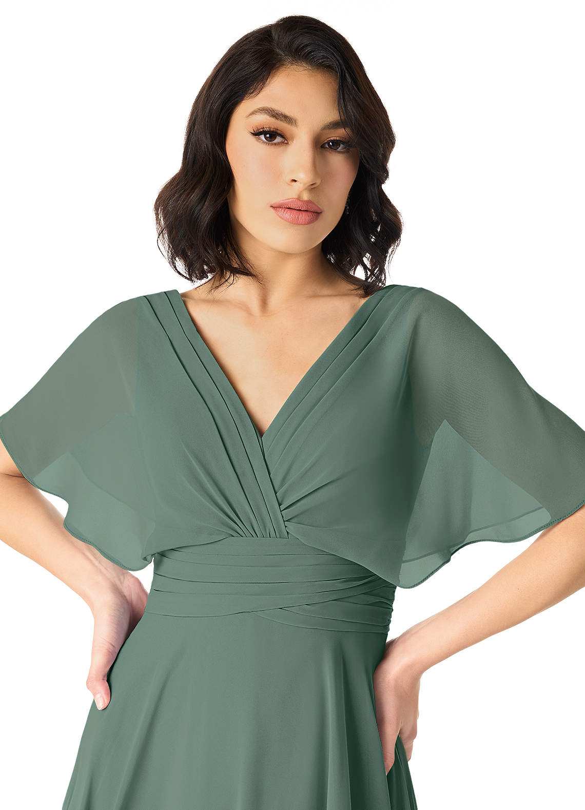 Azazie Pamela At-home Try On Dresses Dusty Blue A-Line V-Neck Pleated Chiffon Dress image3