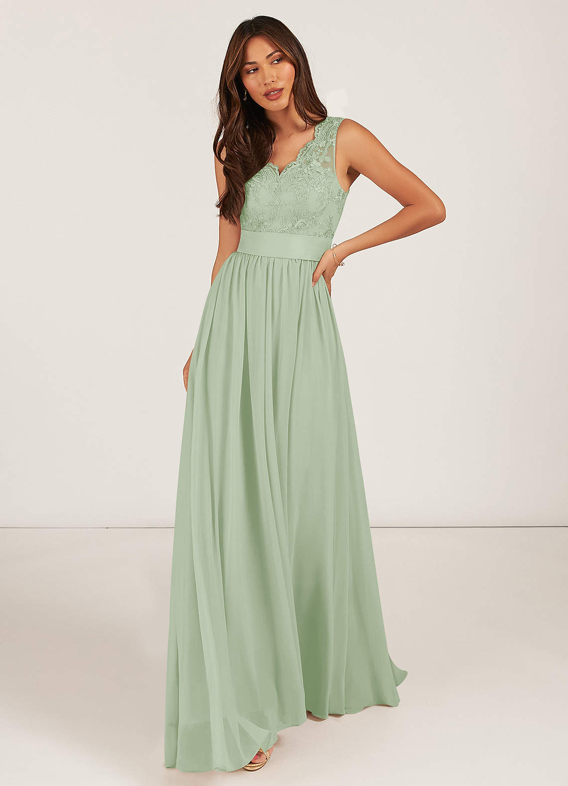 Azazie Gertrude Brautjungfernkleider A-Linie Spitze Chiffon Kleid Staubiger Salbeigrün image1