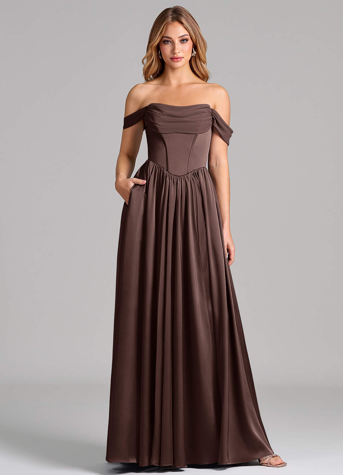 Azazie Raisa Ready to Ship Ganache Stretch Satin Bridesmaid