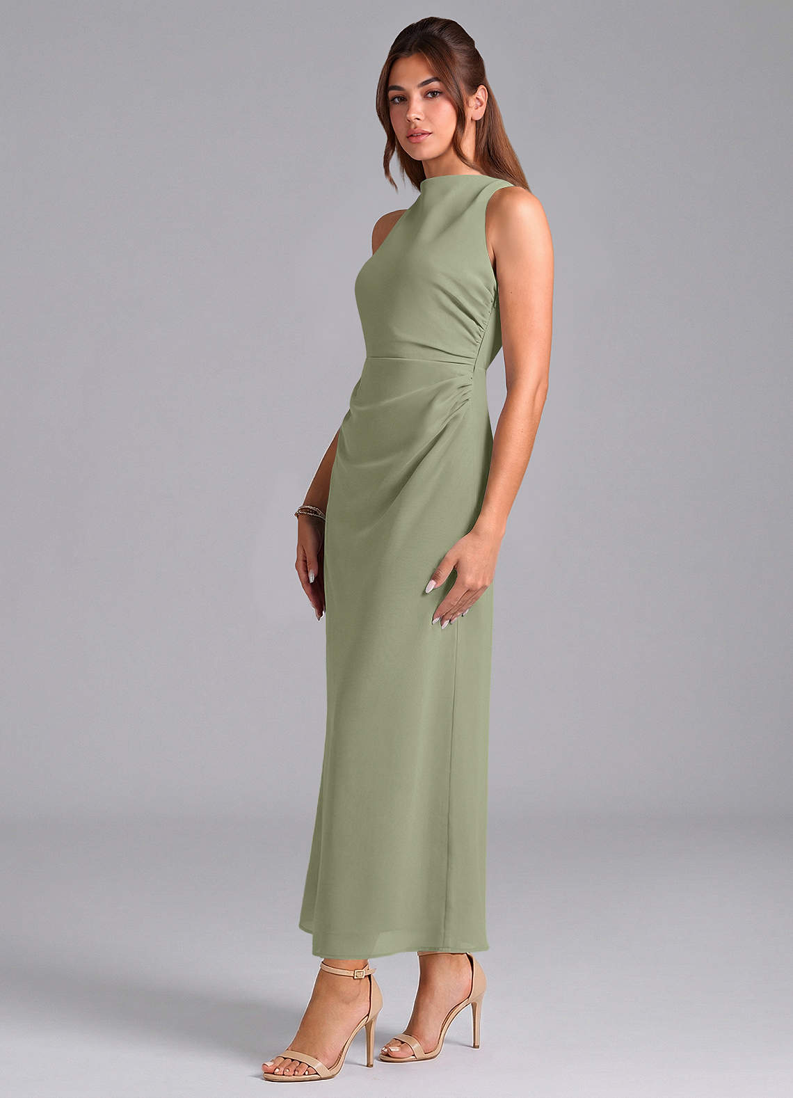 Azazie Evadne Bridesmaid Dresses Pistachio Sheath Pleated Chiffon Dress image3