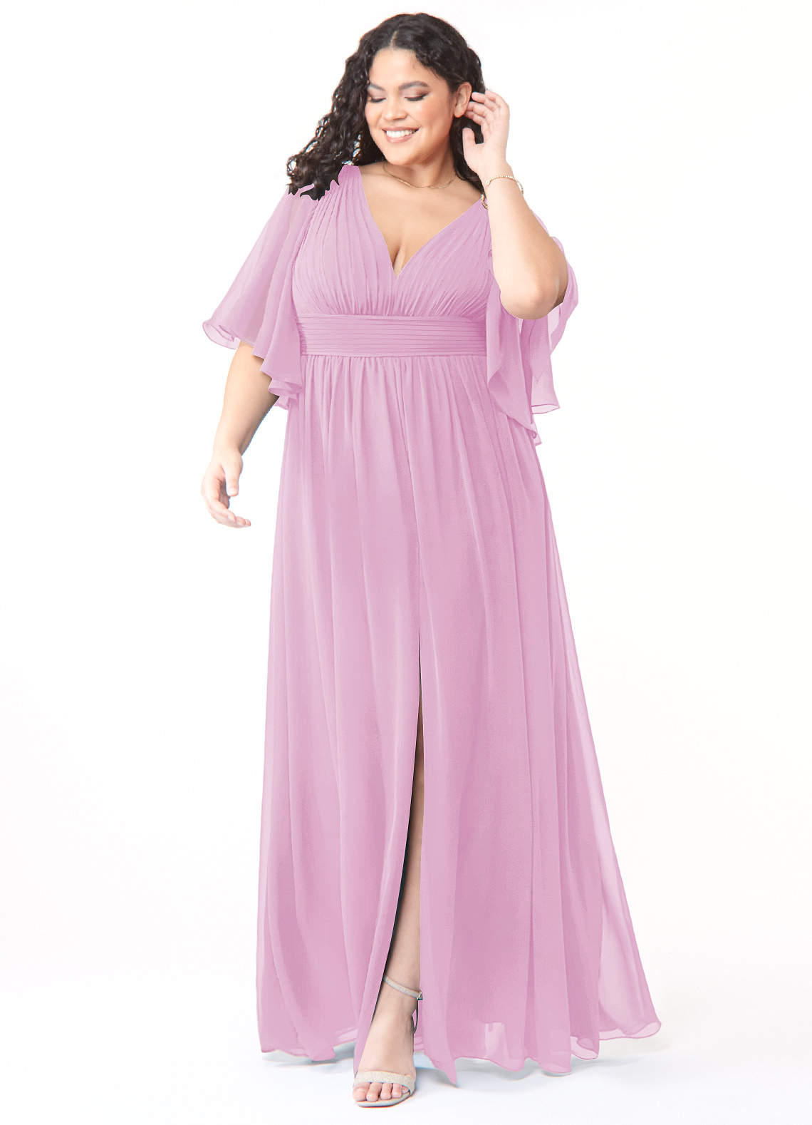 Azazie Temeka Bridesmaid Dresses Candy Pink A-Line Ruched Chiffon Dress image1