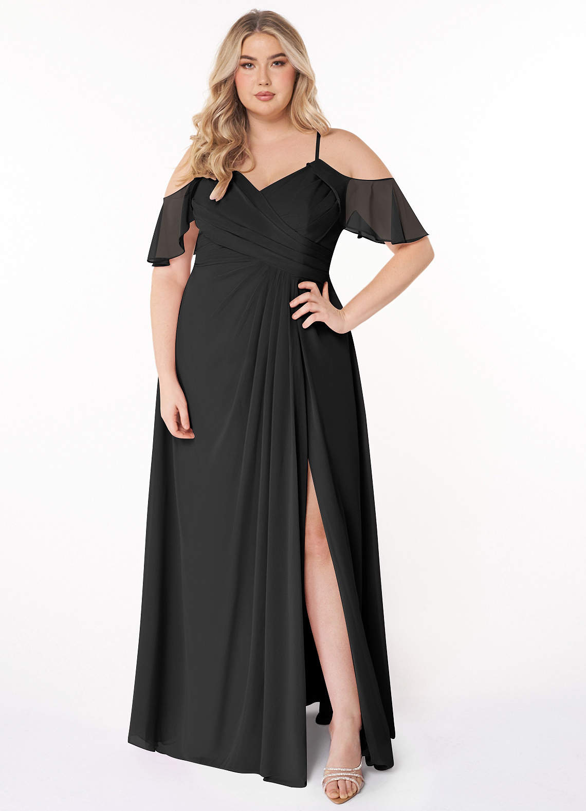 Azazie Dakota Bridesmaid Dresses Black A-Line V-Neck Pleated Chiffon Dress image1