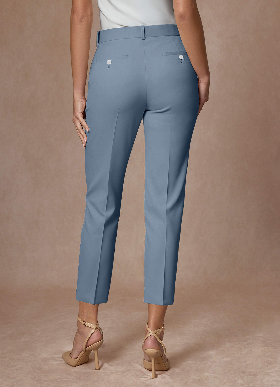 front Whitney Dusty Blue Refined Weave Performance Cropped Pants Suit