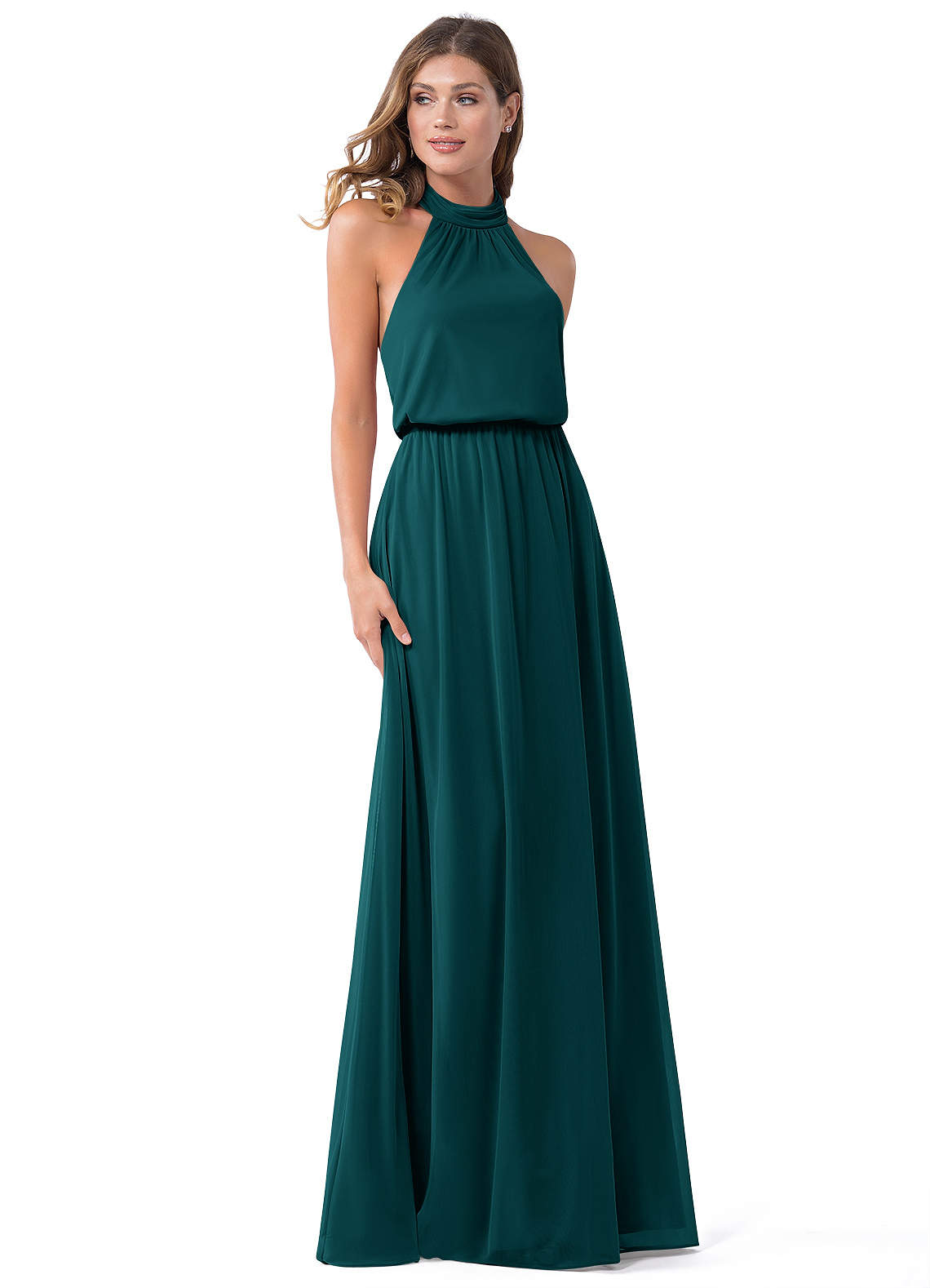 Azazie Landry Bridesmaid Dresses Peacock A-Line Pleated Mesh Dress image1