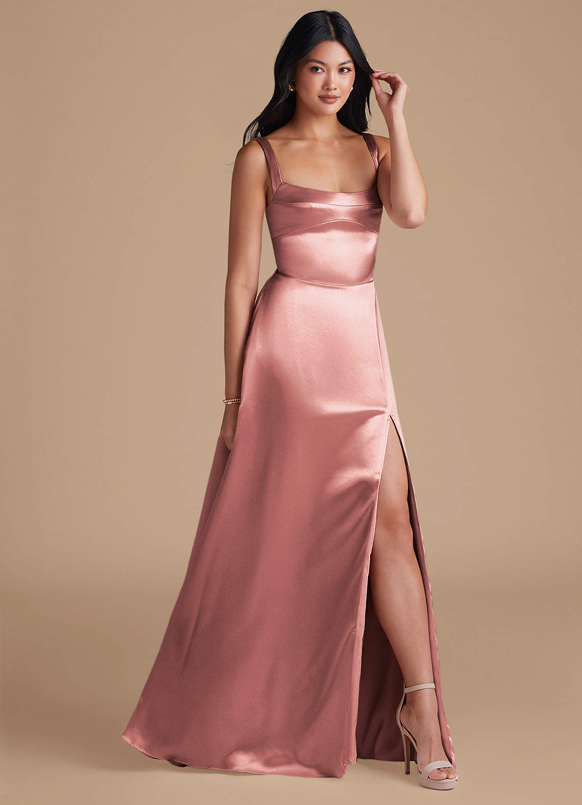 Azazie Hope Vestidos de damas de honor Vestido de Rosa Polvorienta de Satén Metálico de Corte en A con Con bolsillos image1