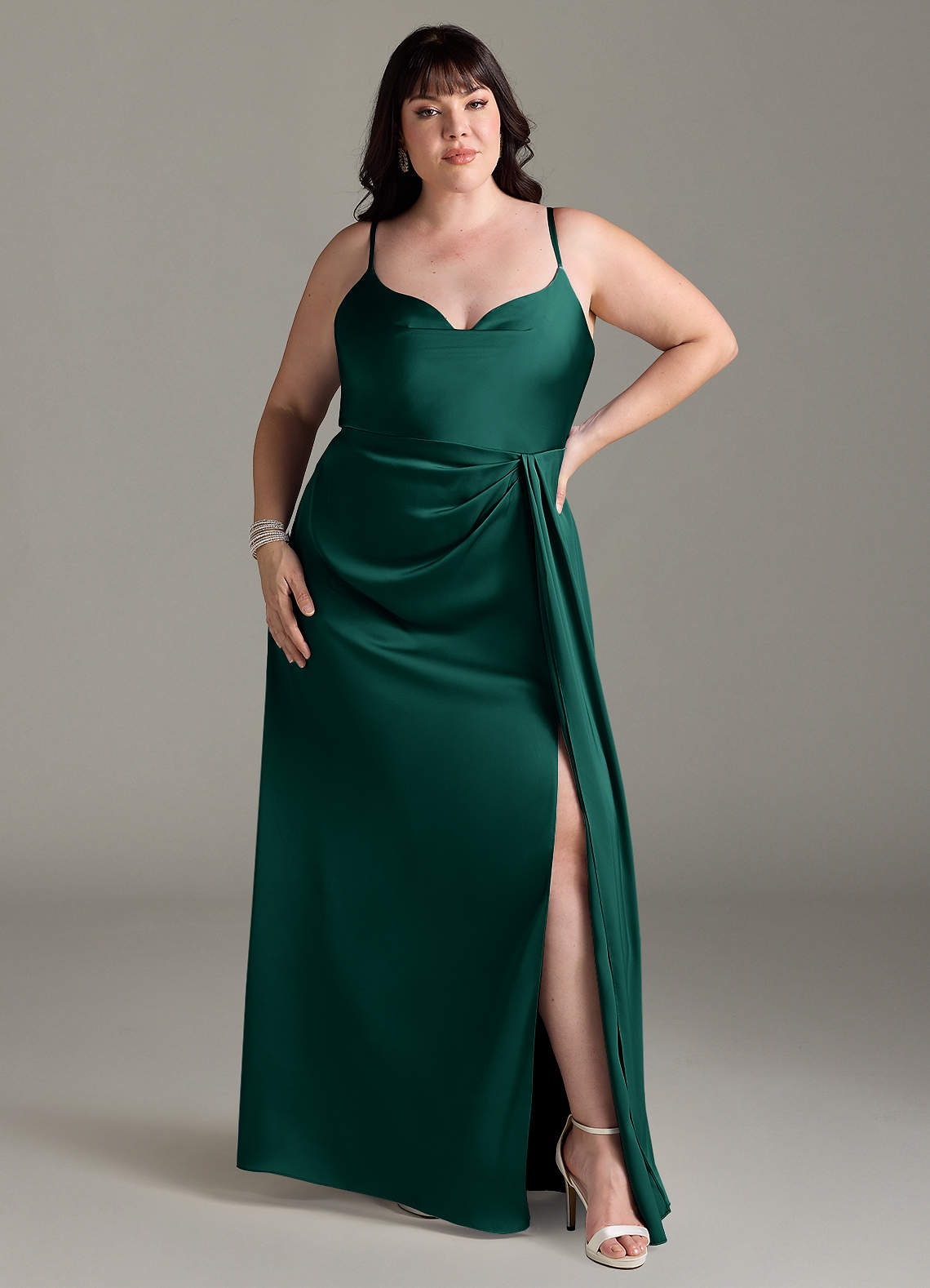 Azazie A-Line Cowl Floor-Length Stretch Satin Bridesmaid Dresses - Emerald