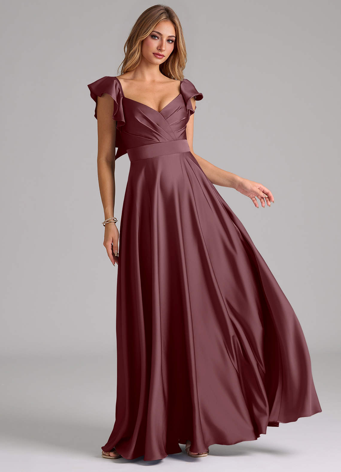 Azazie Leilani Bridesmaid Dresses Sangria A-Line Ruched Stretch Satin Dress image1