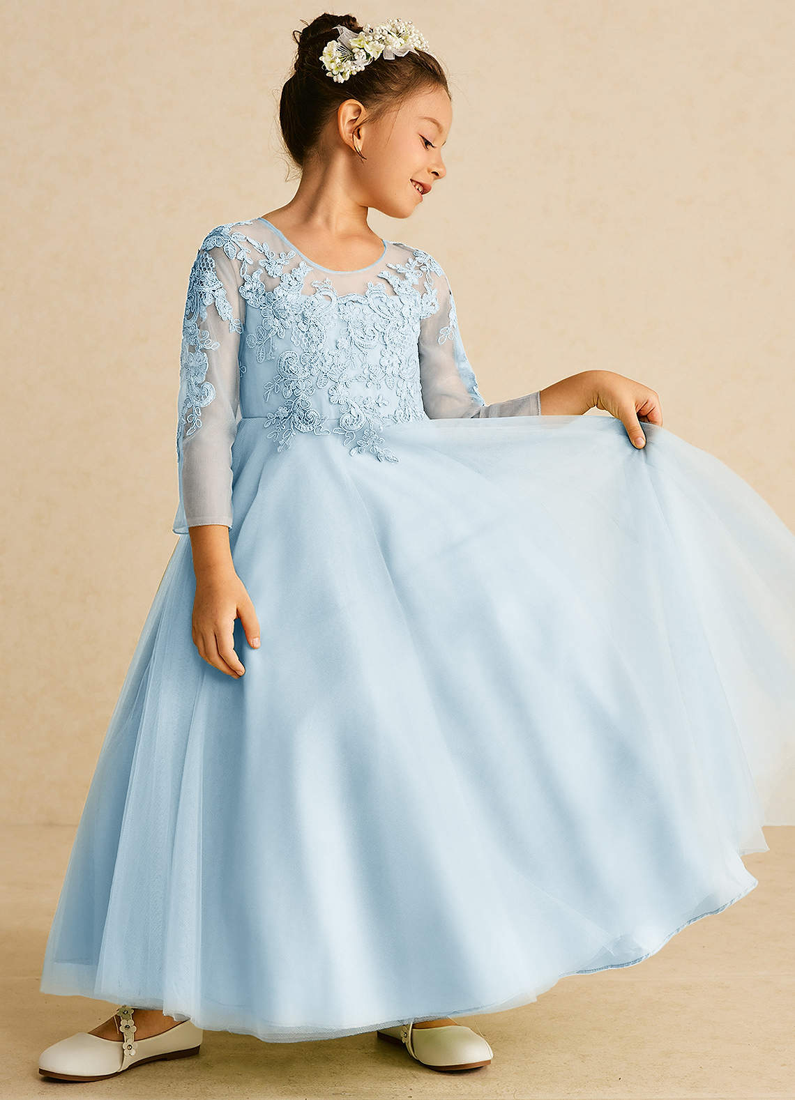 Azazie Precious Flower Girl Dresses Sky Blue A-Line Lace Tulle Dress image1