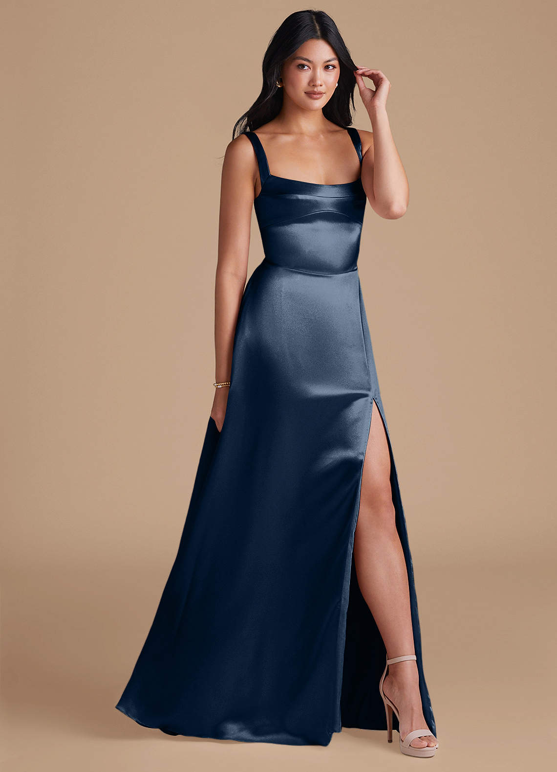 Azazie Hope Bridesmaid Dresses Dark Navy A-Line with Pockets Metallic Satin Dress image1