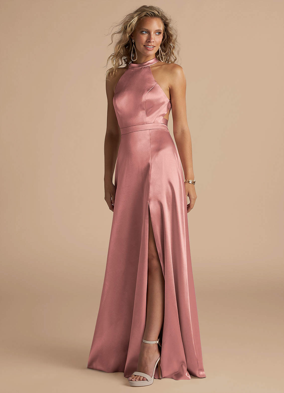 Azazie Clarice Vestidos de madrinha de casamento Vestir Rosa Empoeirada de Cetim Metálico de Linha A com Pescoço alto image1
