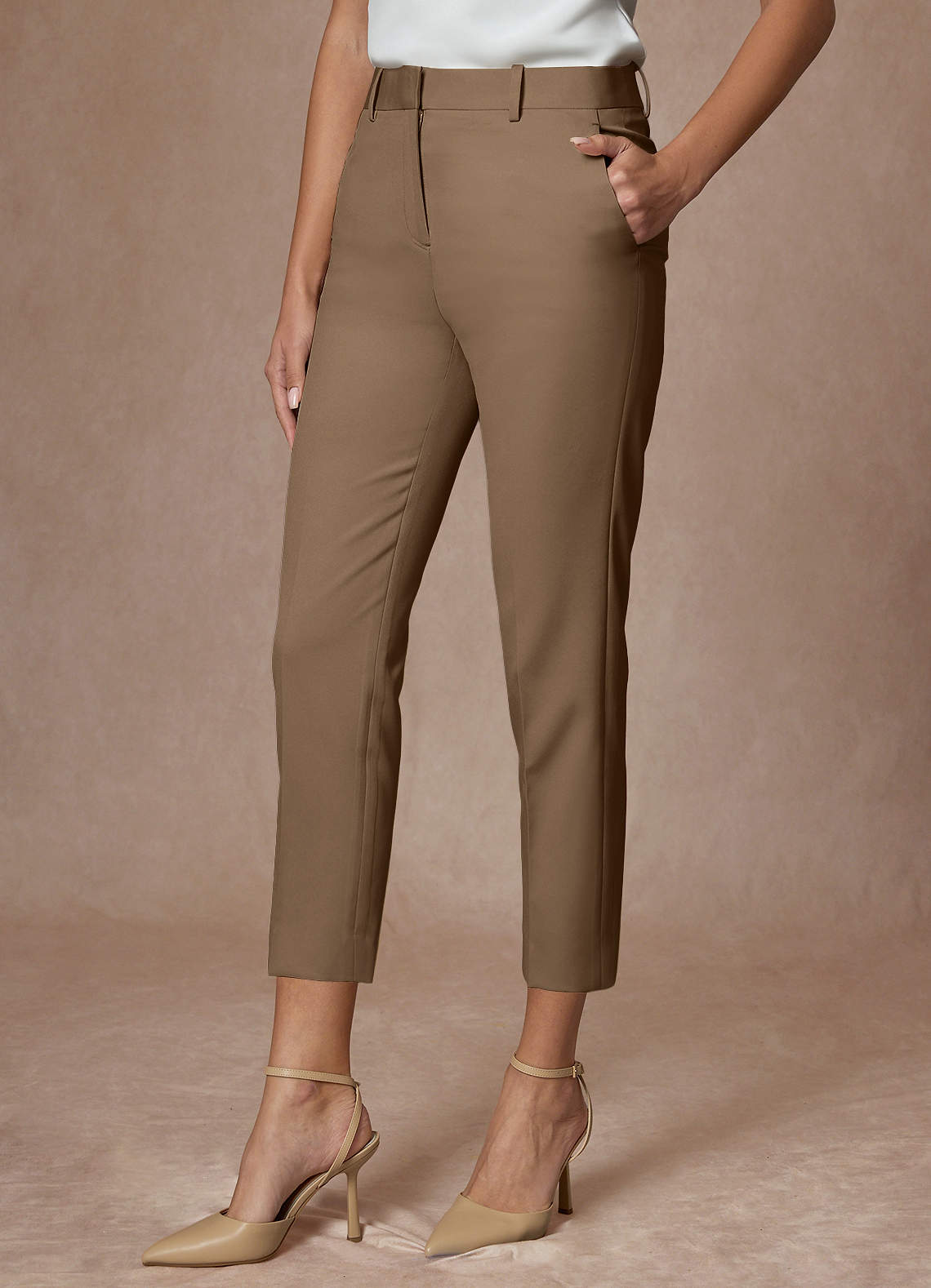 front Victoria Truffle Refined Weave Cropped Pants Suit