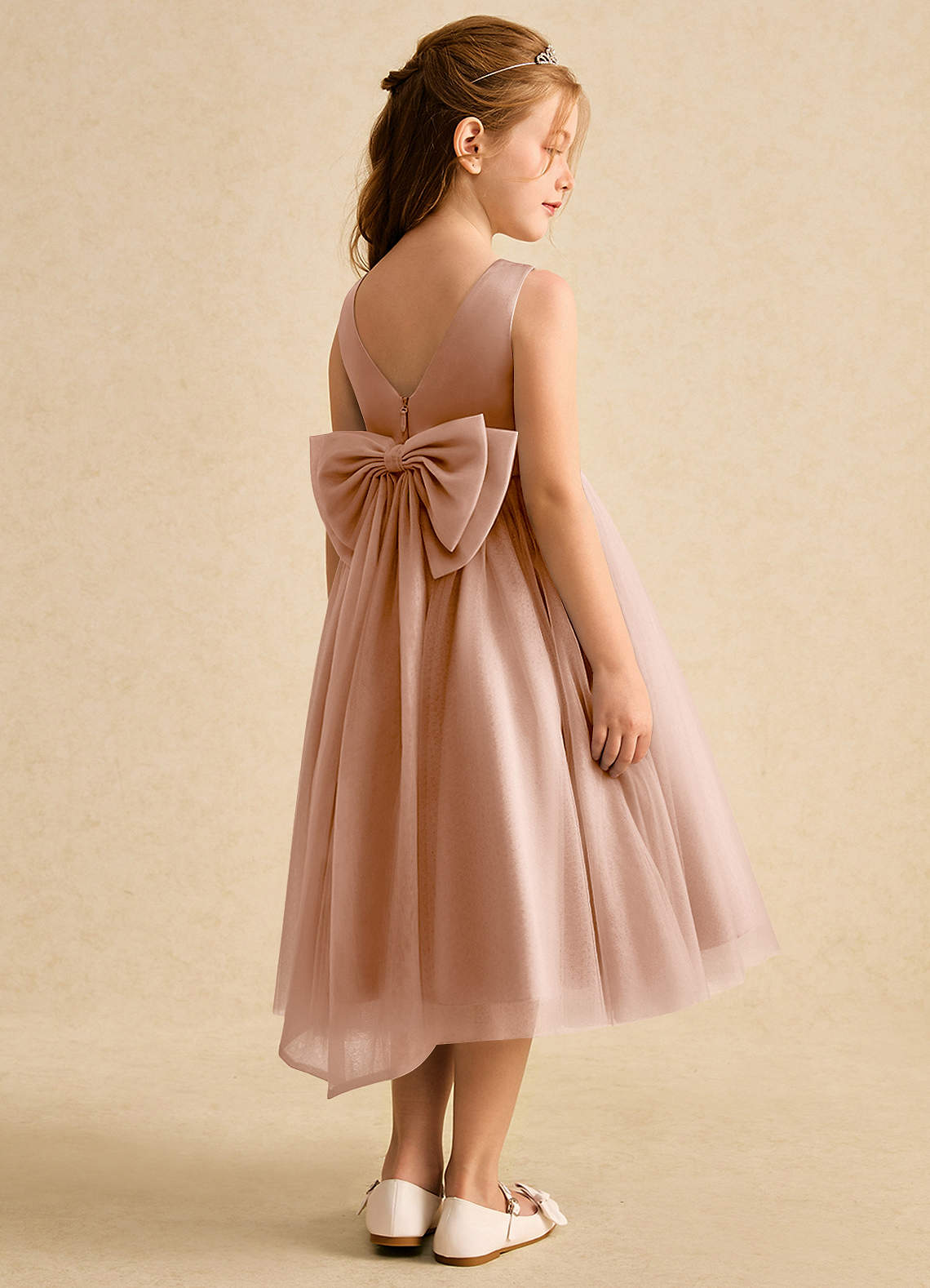 Azazie Winnie Flower Girl Dresses Champagne Rose Ball-Gown Bow Tulle Dress image2