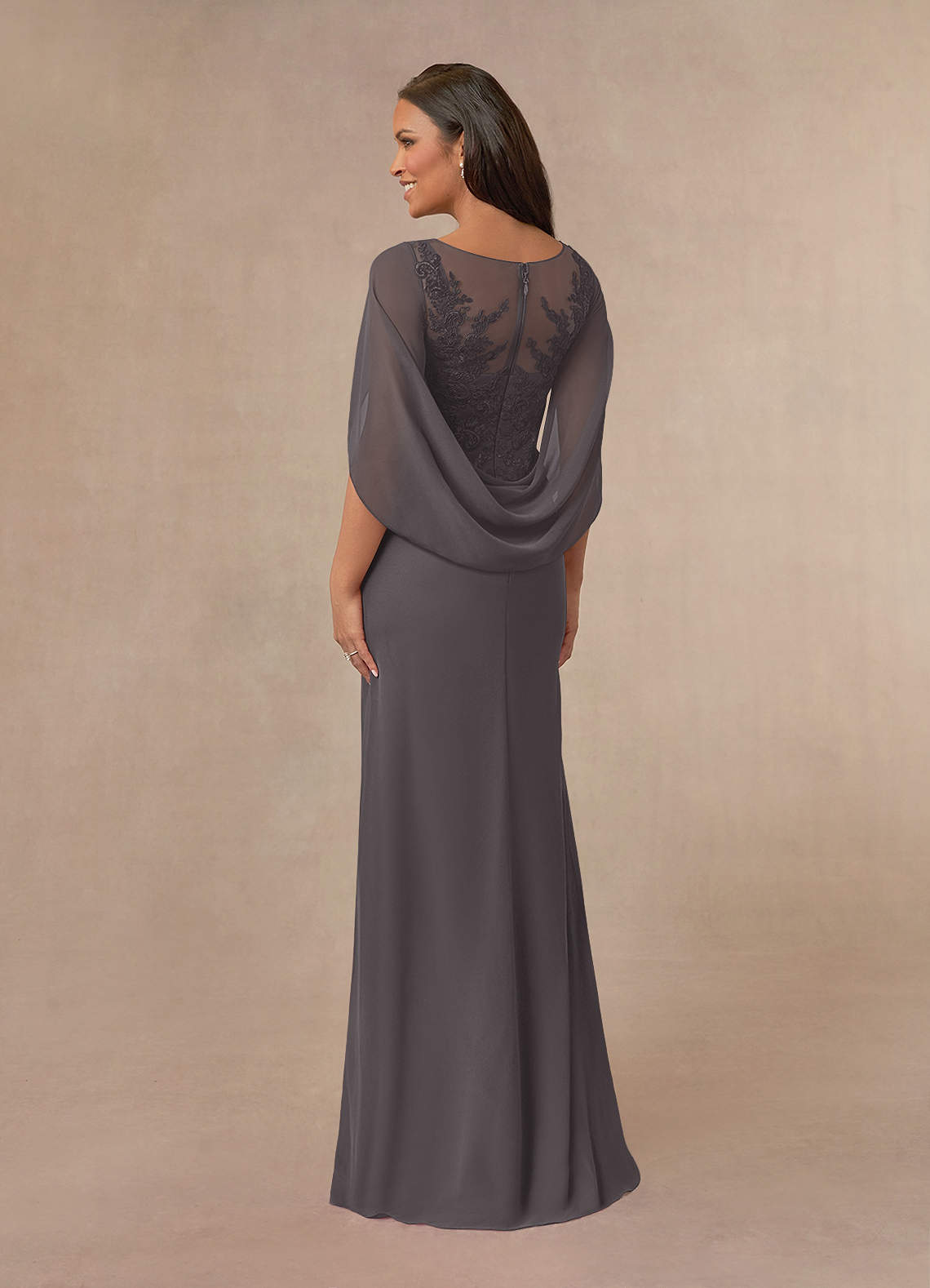Azazie Hera Mother of the Bride Dresses Steel Grey A-Line Lace Capelet Chiffon Dress image2