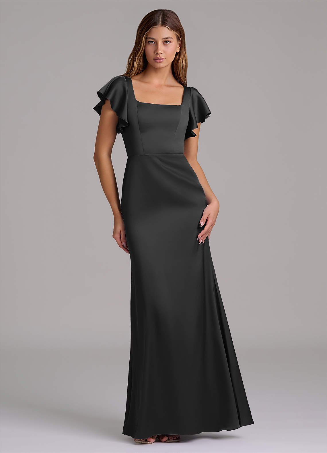Azazie Elkie Vestidos de madrinha de casamento Vestido Preto de Cetim elástico de sereia com Decote Quadrado image1